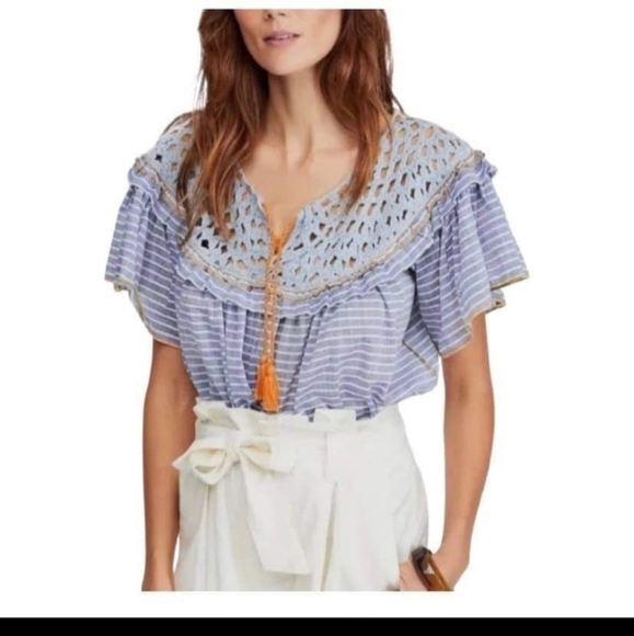 𝅺FREE People Blue White Allora-allora Crocheted Blouse - Picture 1 of 4